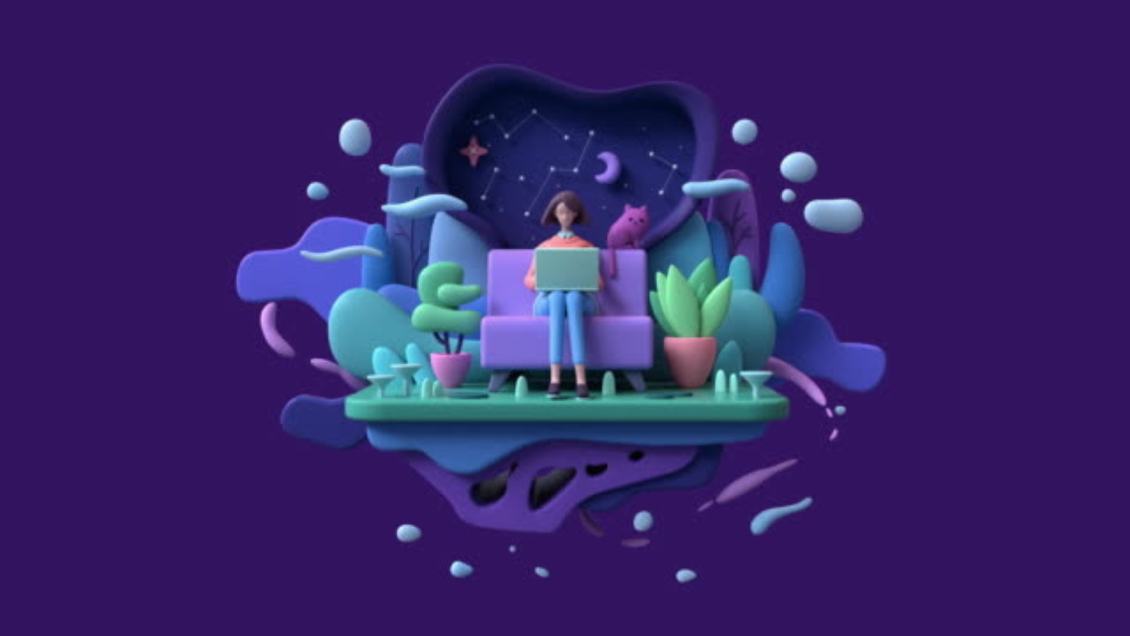 Freelancer working from home with her cat and plants